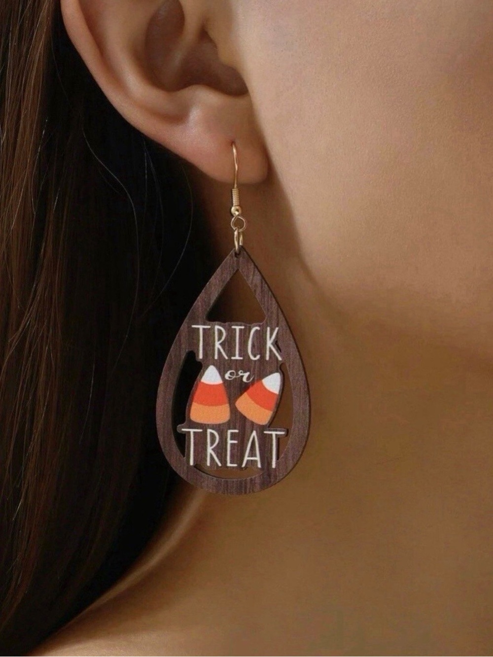 Halloween Wooden Teardrop Earrings "Trick Or Treat" Candy Corn Dangle Drop